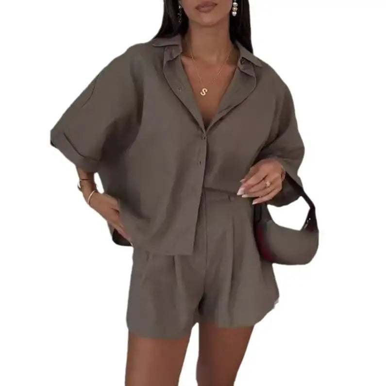 Modisches Damen-Zweiteiler-Set mit Polokragen, Halbarm-Oberteil und Shorts aus atmungsaktivem Material