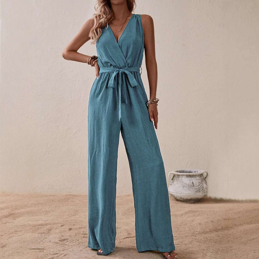 Ärmelloser Damen Jumpsuit aus Ice-Silk mit V-Ausschnitt elegant und leicht