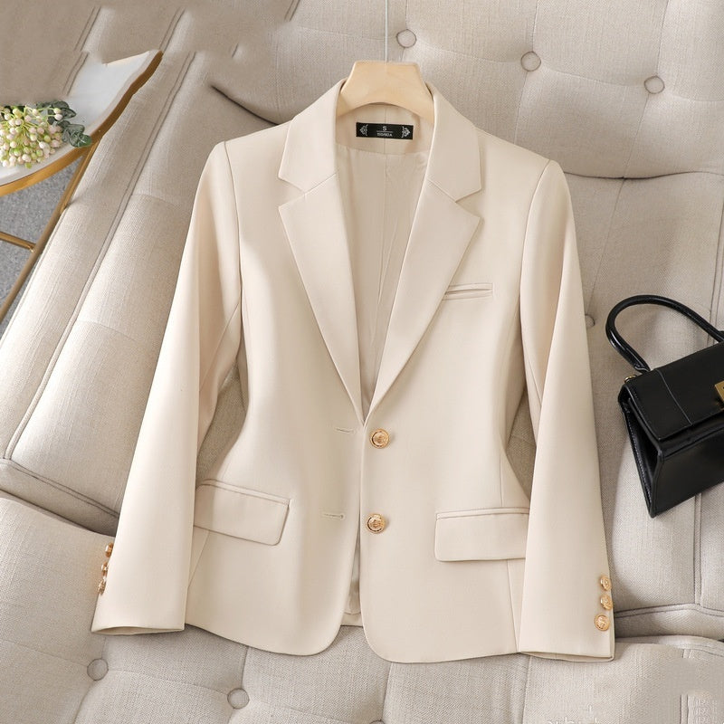 Beiger Damen-Blazer mit zwei Knöpfen und goldenen Details, Kragenform, schmal geschnitten, für Damen, IsabellBoutique030.