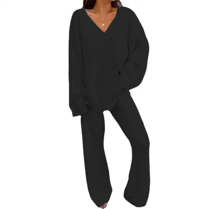 Winterliches einfarbiges Homewear Zweiteiler Set mit V-Ausschnitt für gemütliche Wintertage