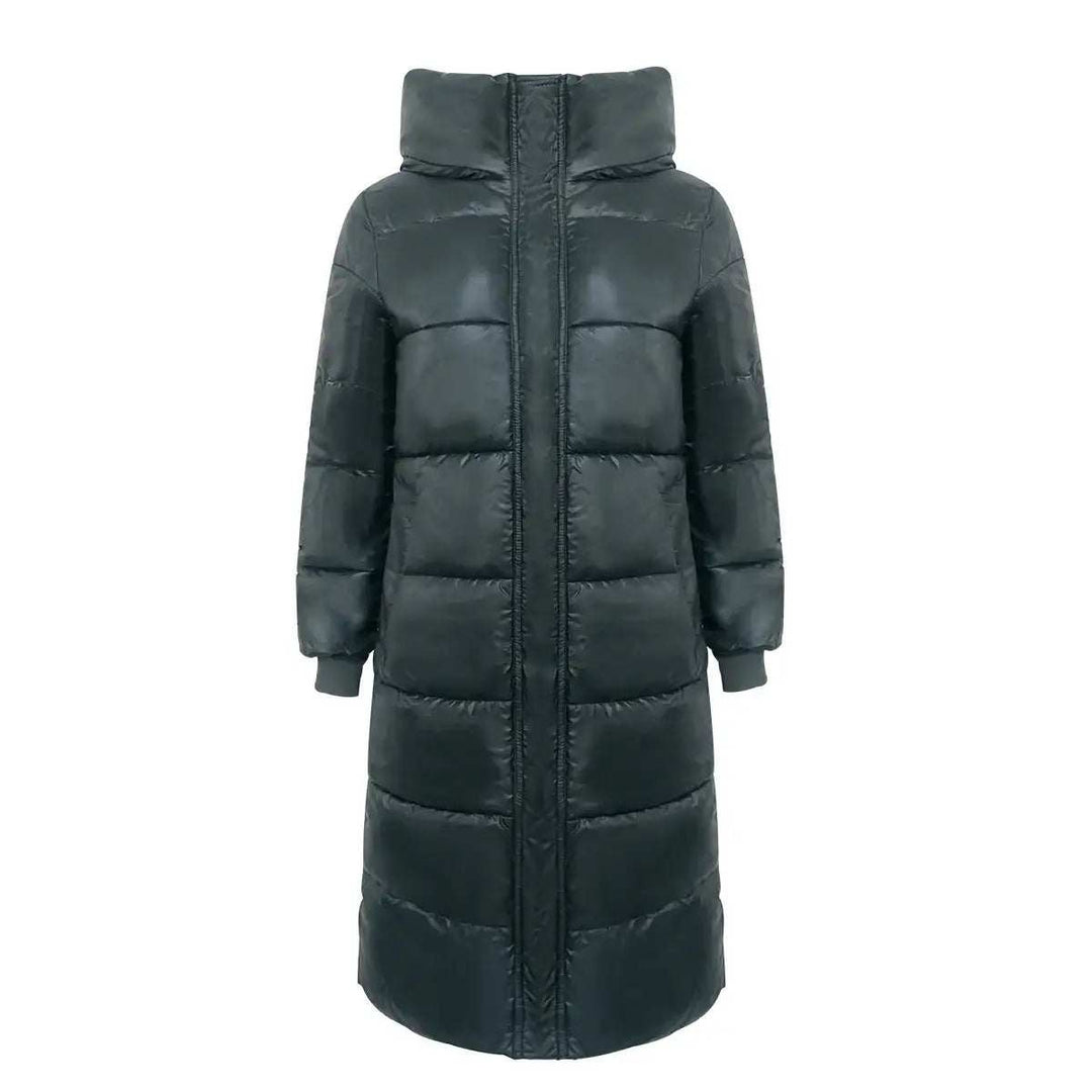 Schwarzer, langer Steppmantel mit hohem Kragen und Reißverschluss, Damenmode. IsabellBoutique030