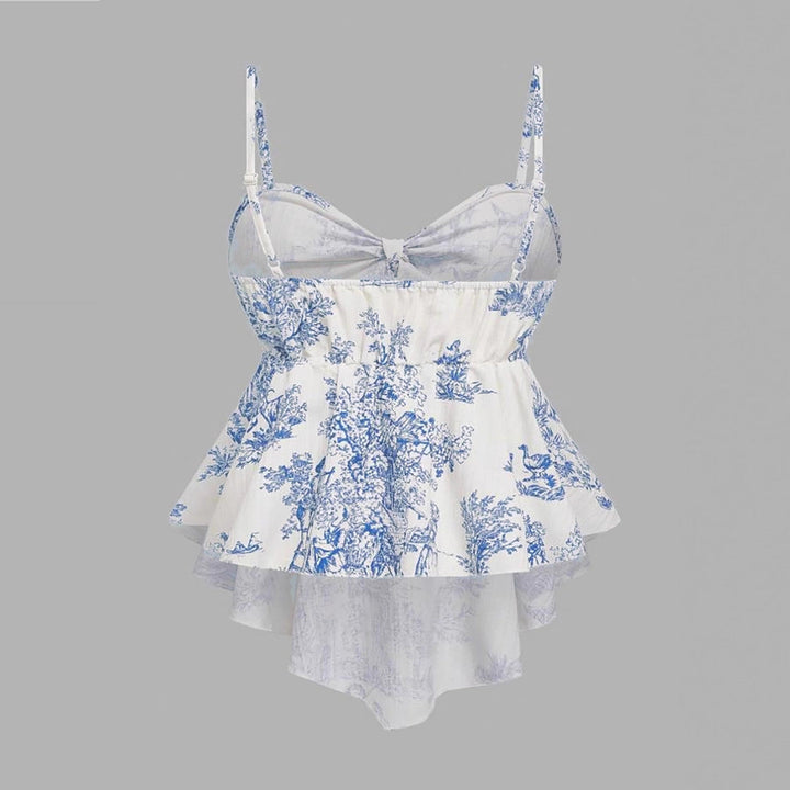 Bedrucktes ärmelloses Damen Top mit asymmetrischem Saum in Blau