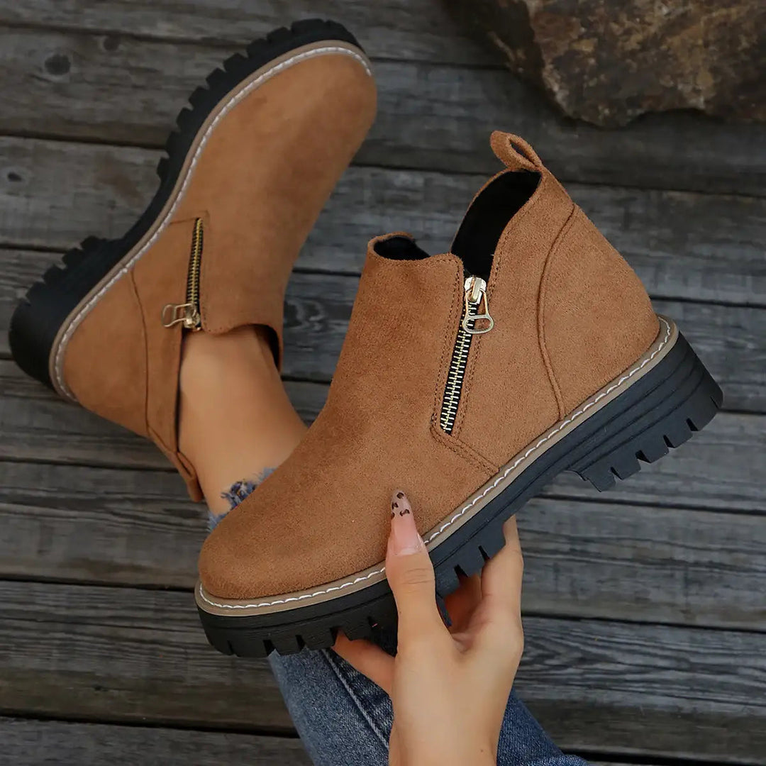 Damen Chunky Ankle Schuhe in Wildleder-Optik mit Blockabsatz und Reißverschluss für Herbst und Winter
