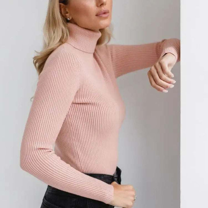 Weißer klassischer Damen Strickpullover mit Rollkragen und urbanem Stil