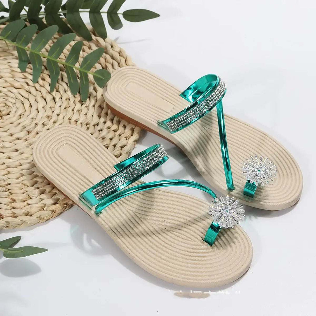 Sommer Sandalen Damen in großen Größen mit Strassblumen-Muster und robuster Gummisohle