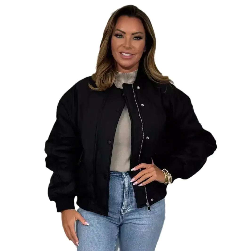 Damen-Pilotenjacke gesteppte, gefütterte Jacke mit Reißverschluss in Schwarz und Braun