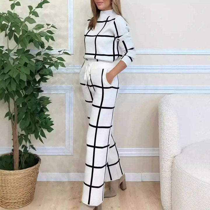 Damen Rollkragen Langarm Kariertes Print-Hosenanzug Set - Damenmode online kaufen | Isabell Boutique
