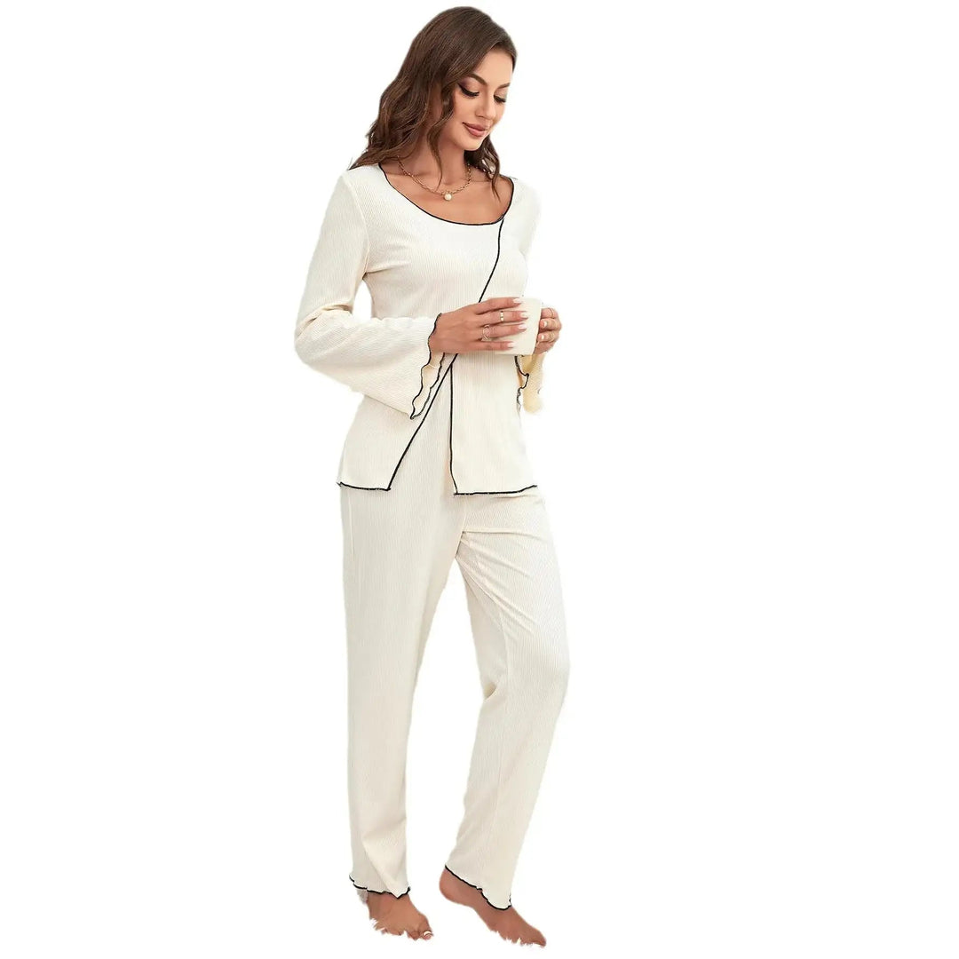 Beiges Damen Homewear Set mit langärmligem Pyjama aus weichem Polyester-Spandex-Mix für zuhause
