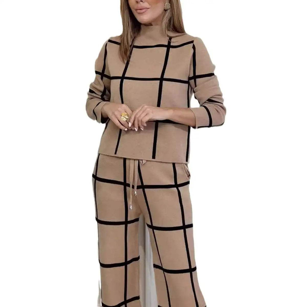 Damen Rollkragen Langarm Kariertes Print-Hosenanzug Set - Damenmode online kaufen | Isabell Boutique