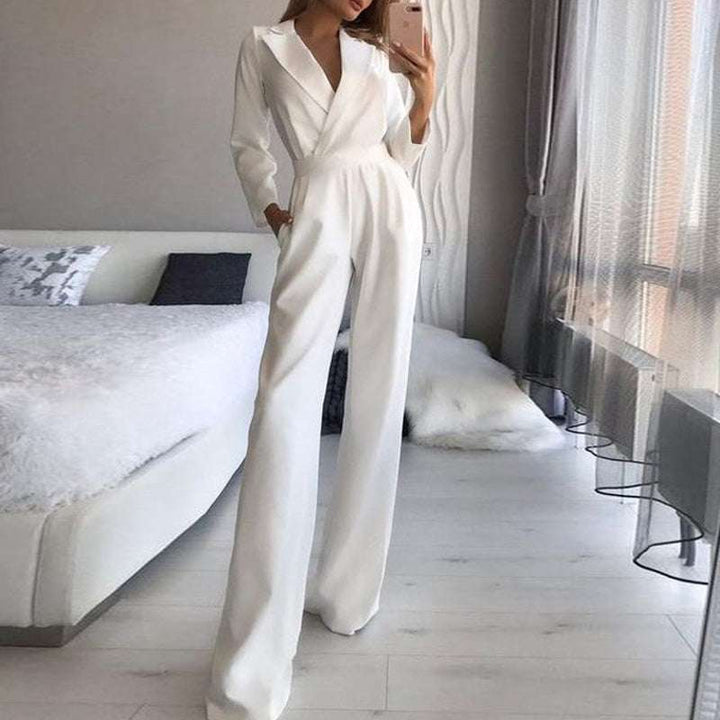 Weier, weiter Damen-Jumpsuit mit V-Ausschnitt und langen rmeln, elegant geschnitten, IsabellBoutique030