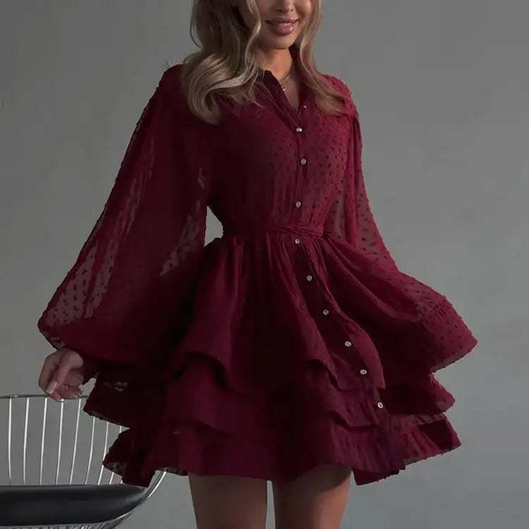 Elegantes rotes Hemdblusenkleid mit Reverskragen und hoher Taille in A-Linie