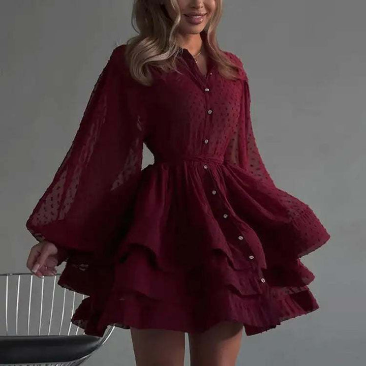 Elegantes rotes Hemdblusenkleid mit Reverskragen und hoher Taille in A-Linie