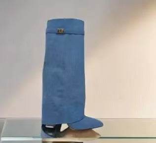 Blaue Kniehohe Stiefel aus Veloursleder mit Schnallenverschluss IsabellBoutique030