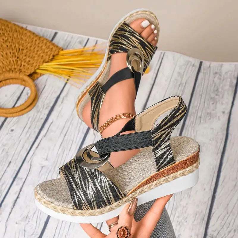 Sommerliche Damen Keilsandalen mit Hanfseil-Design und Peep-Toe, elastisches Band und Gummisohle
