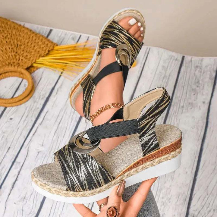Sommerliche Damen Keilsandalen mit Hanfseil-Design und Peep-Toe, elastisches Band und Gummisohle
