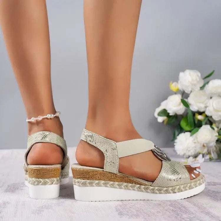 Sommerliche Damen Keilsandalen mit Hanfseil-Design und Peep-Toe, elastisches Band und Gummisohle