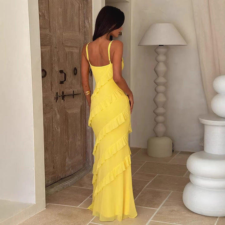 Damen Maxikleid in leuchtendem Gelb, ärmellos mit Volants, schmal geschnitten. IsabellBoutique030