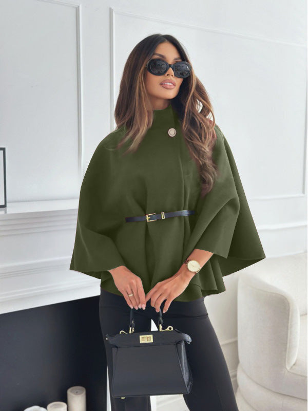 Damen-Cape im Stil der 70er Jahre, olivgrün, mit schmalem Gürtel und Kragen. IsabellBoutique030