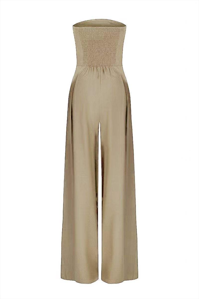 Beige trägerloser Jumpsuit mit gerafftem Oberteil und weiten Hosenbeinen, IsabellBoutique030.