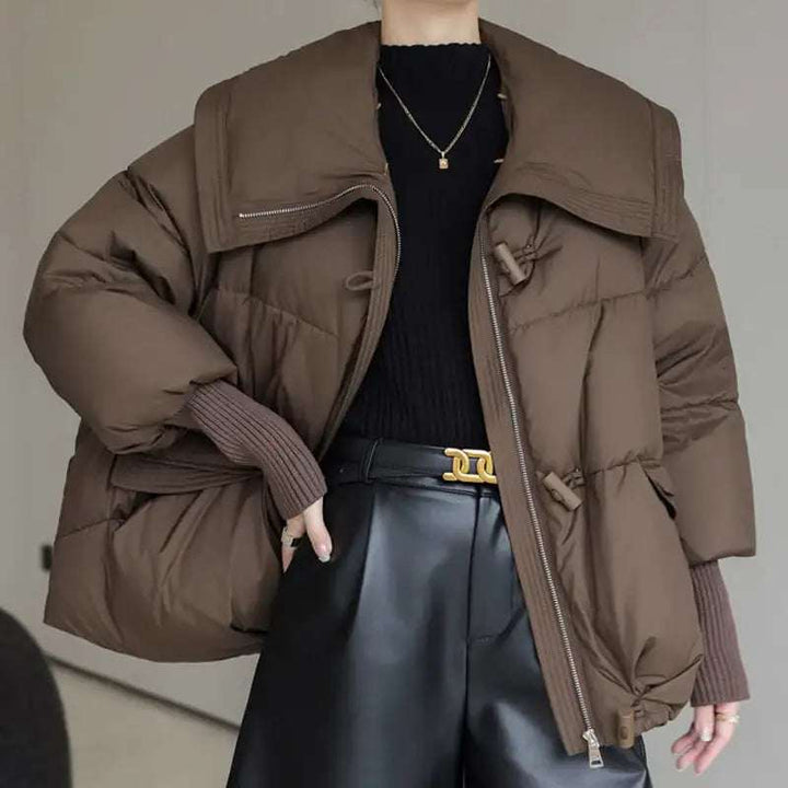 Damen Winter-Steppjacke mit Fellkragen, kurz, warm und dick gefüttert in Braun, elegant und winddicht