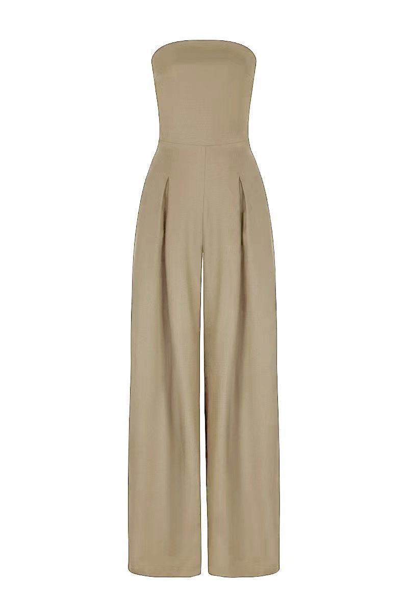 Bequemer beige trägerloser Jumpsuit mit weiten Beinen und Falten IsabellBoutique030