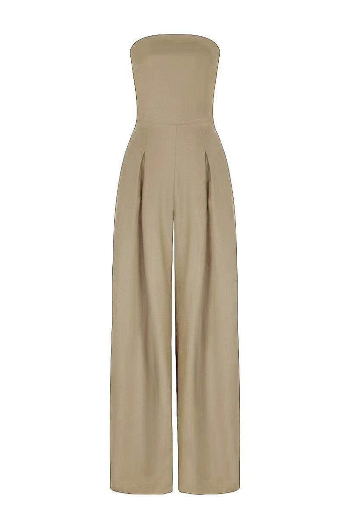 Bequemer beige trägerloser Jumpsuit mit weiten Beinen und Falten IsabellBoutique030