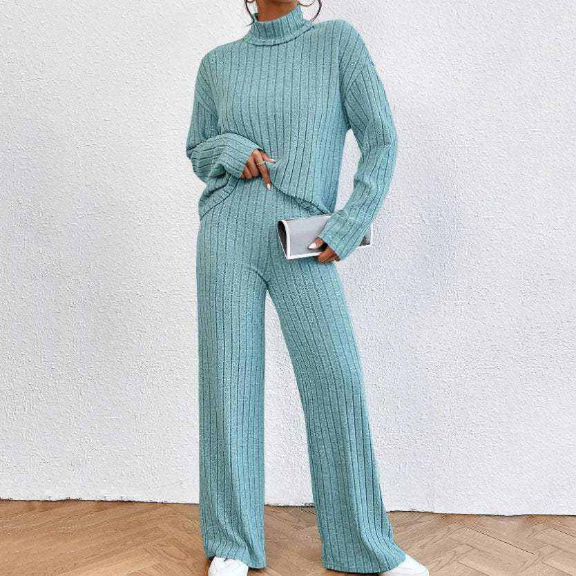 Aquafarbenes Rippstrick-Set mit Rollkragenpullover und weiten Hosen, legerer Stil, IsabellBoutique030