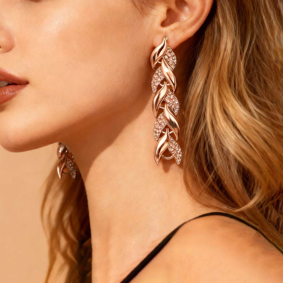 Elegante roséfarbene Ohrhänger mit Blatt-Design und Zirkonia-Steinen, IsabellBoutique030