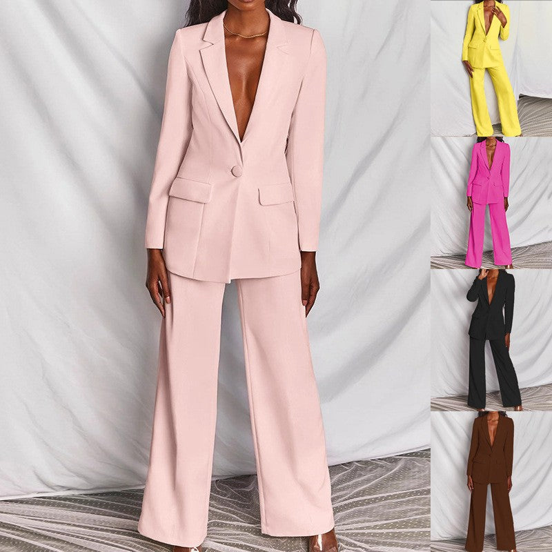 Damen Anzug: Rosa Zweiteiler mit weiten Hosen und schmaler Taille, V-Ausschnitt Blazer. IsabellBoutique030.