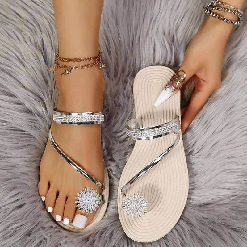 Sommer Sandalen Damen Große Größen mit elegantem Strassblumen-Muster und robuster Gummisohle