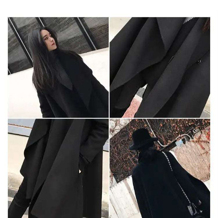 Eleganter schwarzer Wollmantel im asymmetrischen Cape-Stil mit lockerer Passform