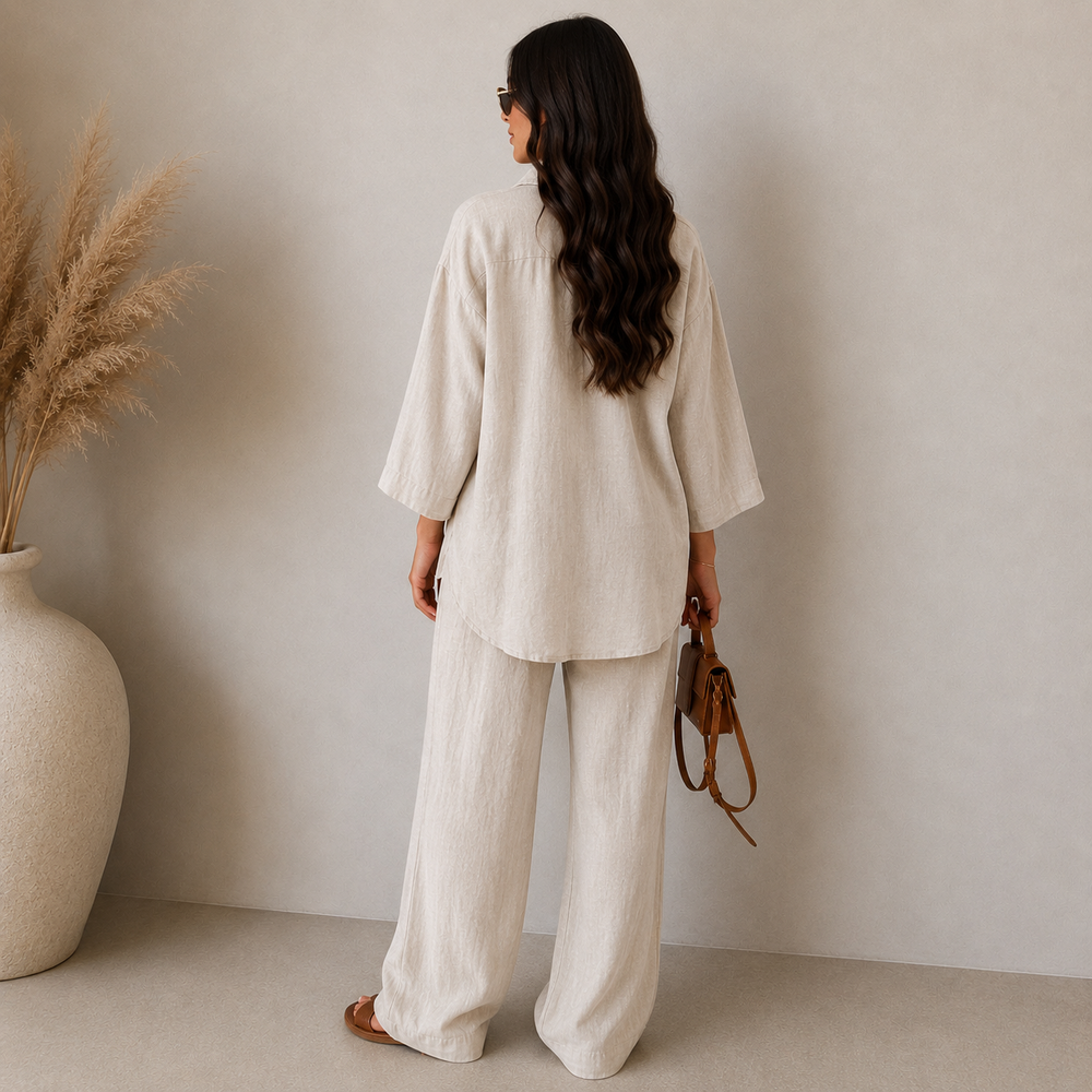 Damen Zweiteiler aus locker geschnittenem Langarmhemd und Wide-Leg-Hose in modernem, lässigem Stil
