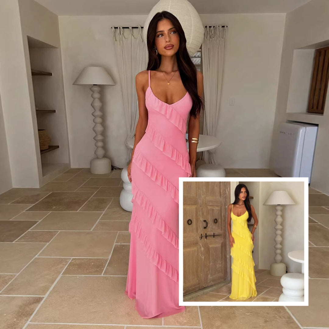 Langes, fließendes rosa Maxikleid mit Spaghettiträgern und diagonalen Rüschen. IsabellBoutique030