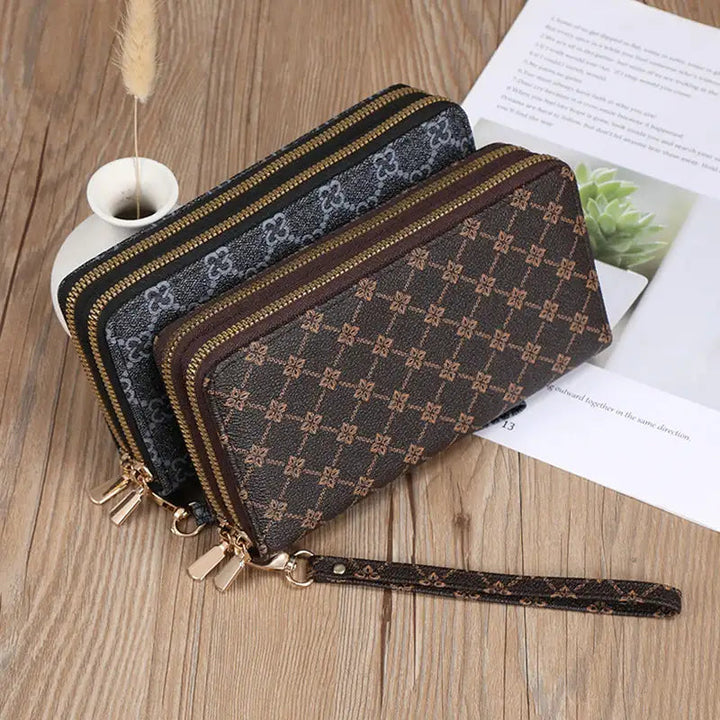 Lange Geldbörse Clutch mit Reißverschluss, Münzfach und Handytasche in Schwarz und Kaffee
