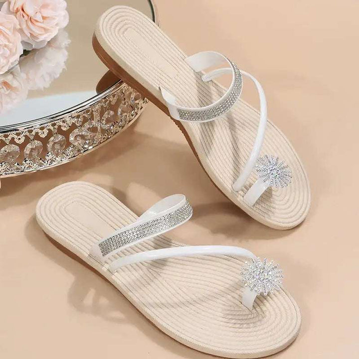Elegante Sommer Sandalen Damen große Größen mit Strassblumen-Muster und Gummisohle