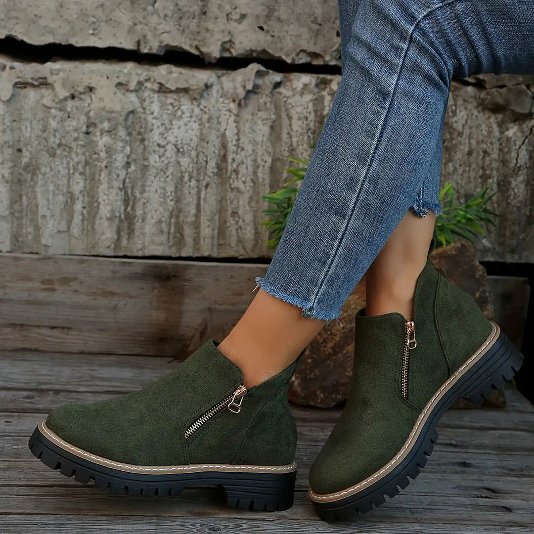 Damen Chunky Ankle Schuhe mit Reißverschluss in Wildleder-Optik und profilierter Gummisohle für Herbst und Winter
