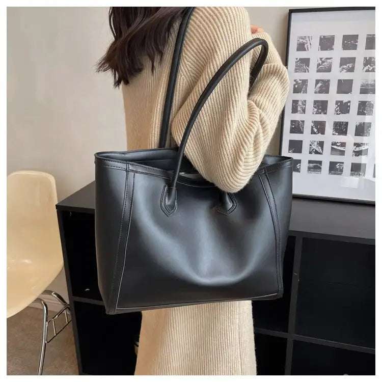 Schwarze Damen Schulter-Tote Bag aus PU-Leder mit Doppelriemen und Laptopfach im minimalistischen Design