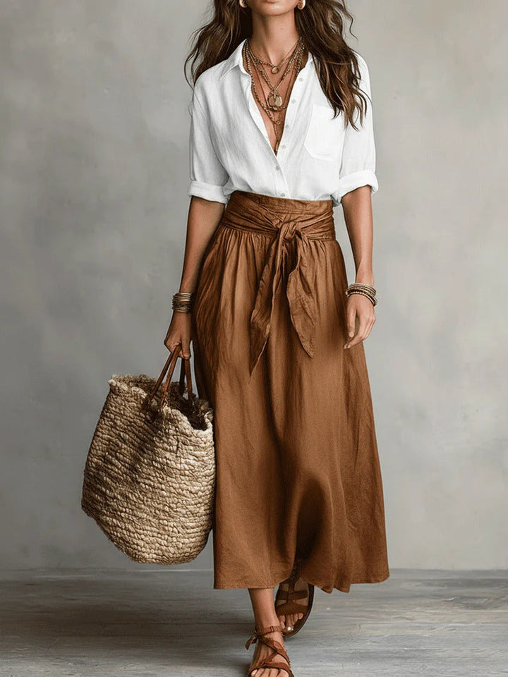Damen Sommer-Set mit schwarzer Kurzarm-Bluse und grünem geradem Rock für modischen Sommer-Look