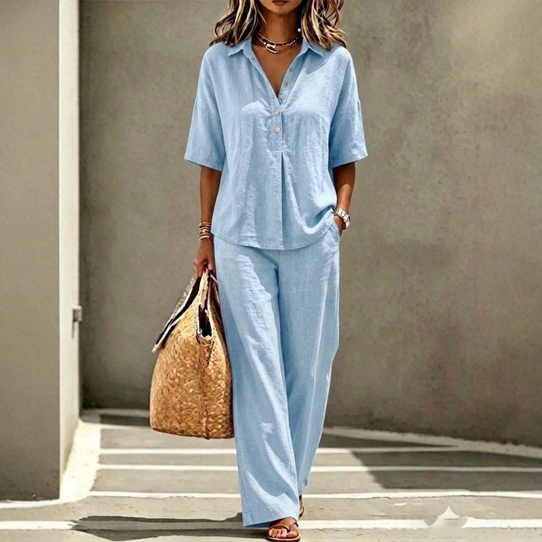 Damen Sommerset Leinen-Optik mit Kurzarm Hemd und Wide-Leg Hose in Schwarz