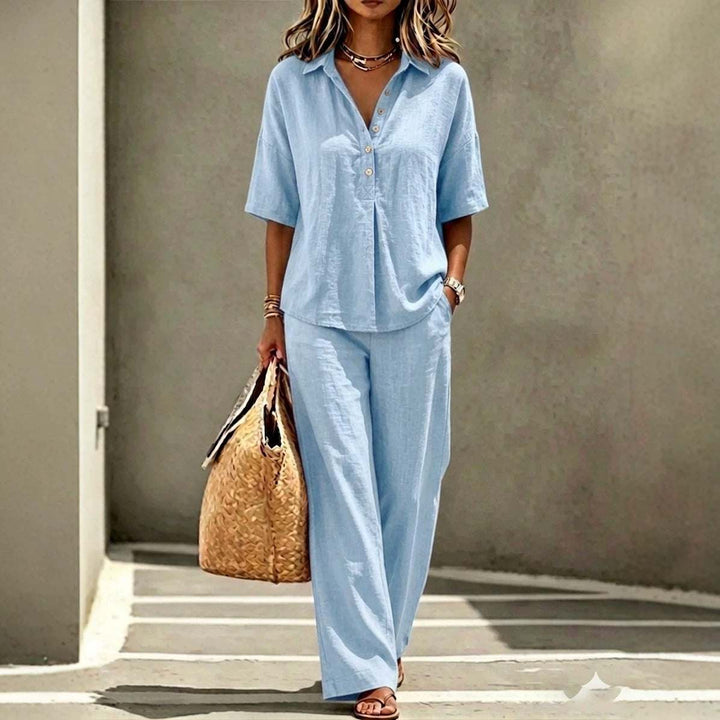 Damen Sommerset Leinen-Optik mit Kurzarm Hemd und Wide-Leg Hose in Schwarz