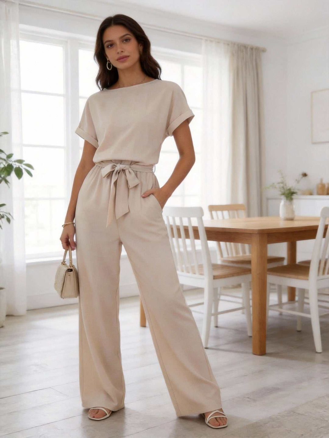 Damen Sommer-Jumpsuit Wide-Leg beige eleganter lässiger Einteiler für Alltag und Freizeit