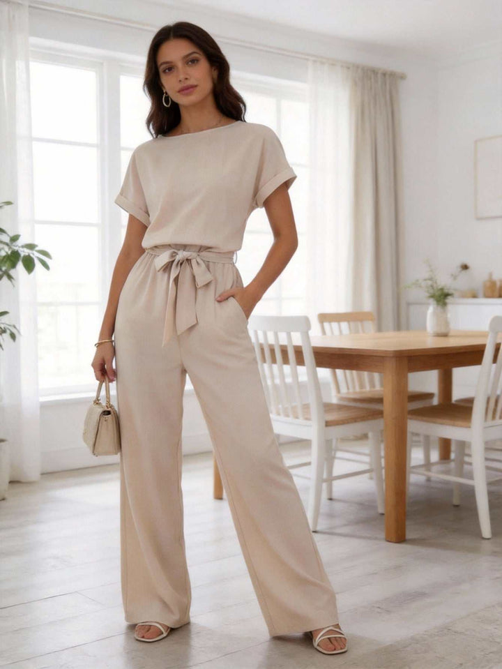 Damen Sommer-Jumpsuit Wide-Leg beige eleganter lässiger Einteiler für Alltag und Freizeit