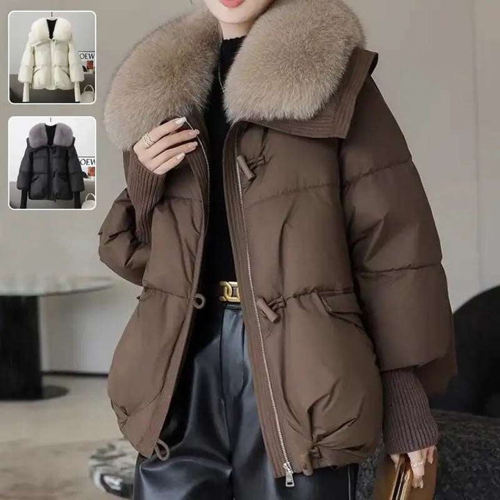 Damen Winter-Steppjacke mit Fellkragen, kurz, dick gefüttert, in Braun, Schwarz und Weiß, modisch und warm für kalte Tage