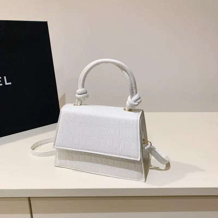 Weiße Kroko-Krokodil-Leder-Tasche mit Knotenhenkel und Umhängeband, elegante Damenhandtasche, IsabellBoutique030