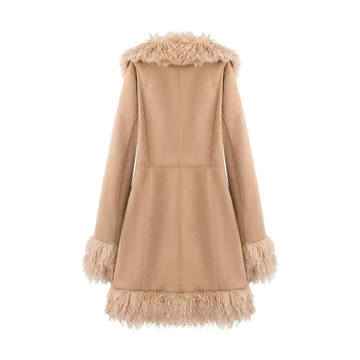 Eleganter mittellanger Wildleder Mantel mit warmem Fell-Patchwork in Khaki