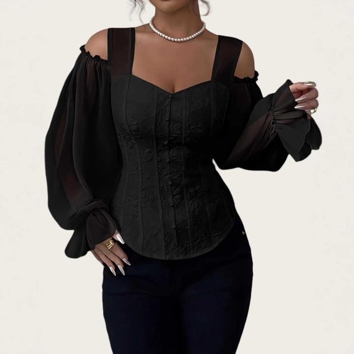 Modische Damen Bluse im Business-Casual-Look mit Puffärmeln und dekorativem Muster