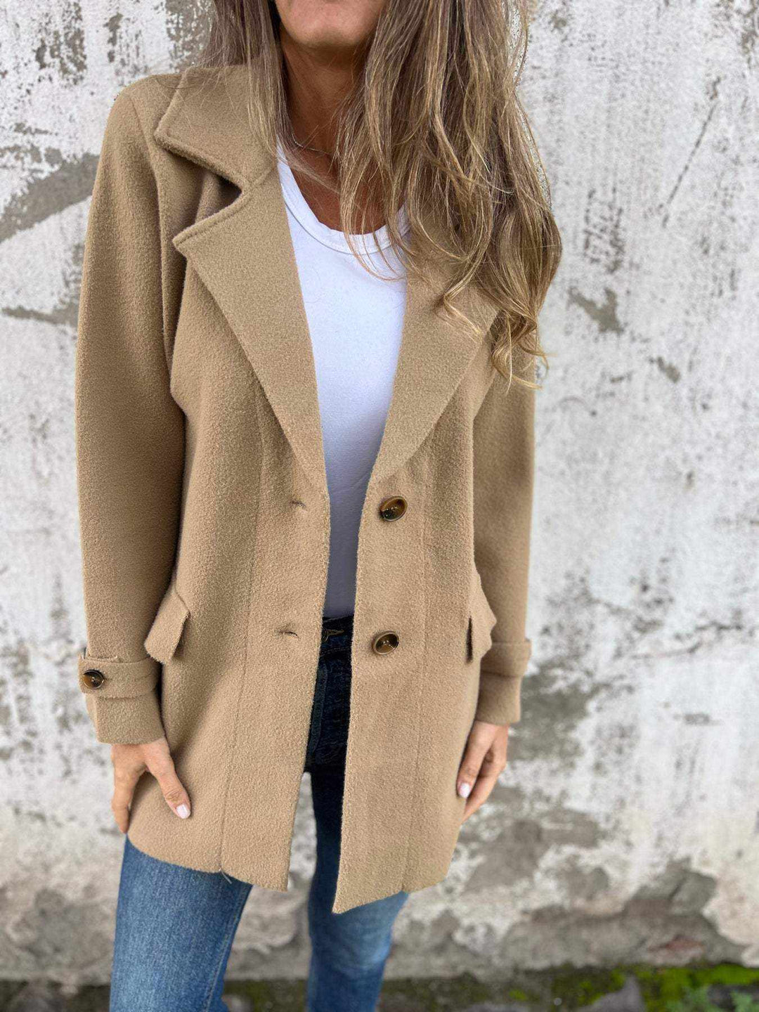 Eleganter Damen Wollmantel im Oversize-Look mit Reverskragen in Khaki