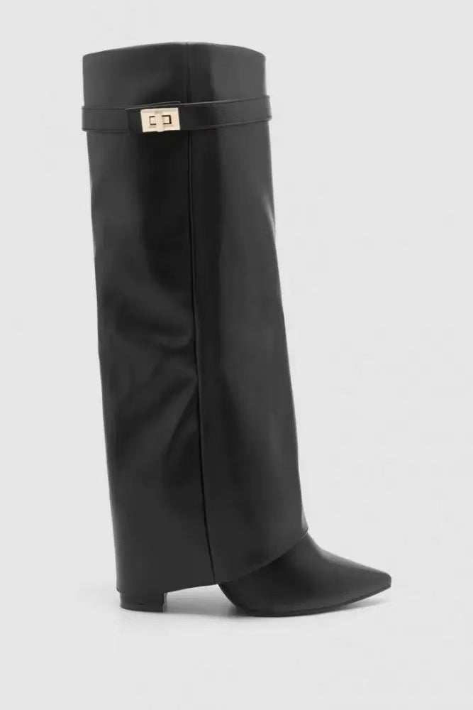 Schwarze Lederstiefel mit Absatz und Schnallenverschluss IsabellBoutique030