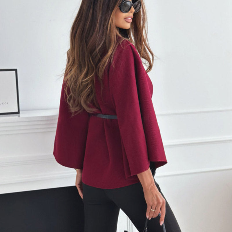 Damen-Cape-Blazer in Weinrot, weitem Schnitt, Gürtel, bell-Ärmeln. IsabellBoutique030