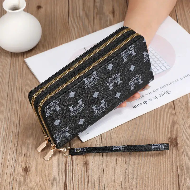 Lange Geldbörse Clutch mit Reißverschluss und Münzfach in Schwarz und Kaffee